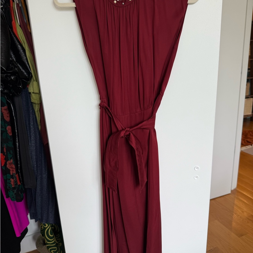 Sandro Red Peplum Midi Dress Sleeveless Mock Neck - Picture 3 of 4